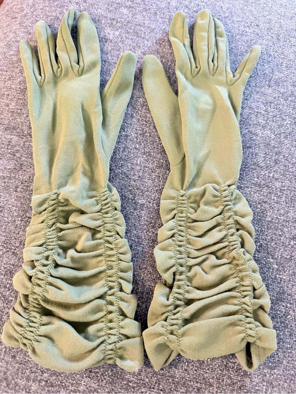 Vintage Sage Olive Green Ruched Opera Gloves Long Gathered Wrist Stretch 12.5"